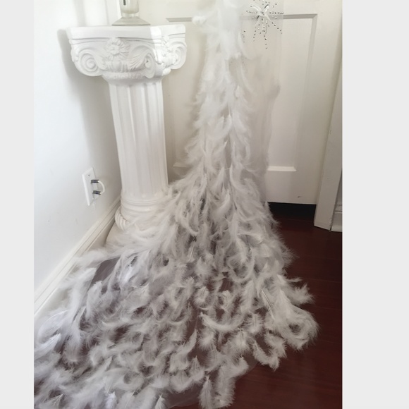 WHITE ANGEL DRESS HAND BEADED FEATHER COUTURE GOWN - Picture 3 of 16